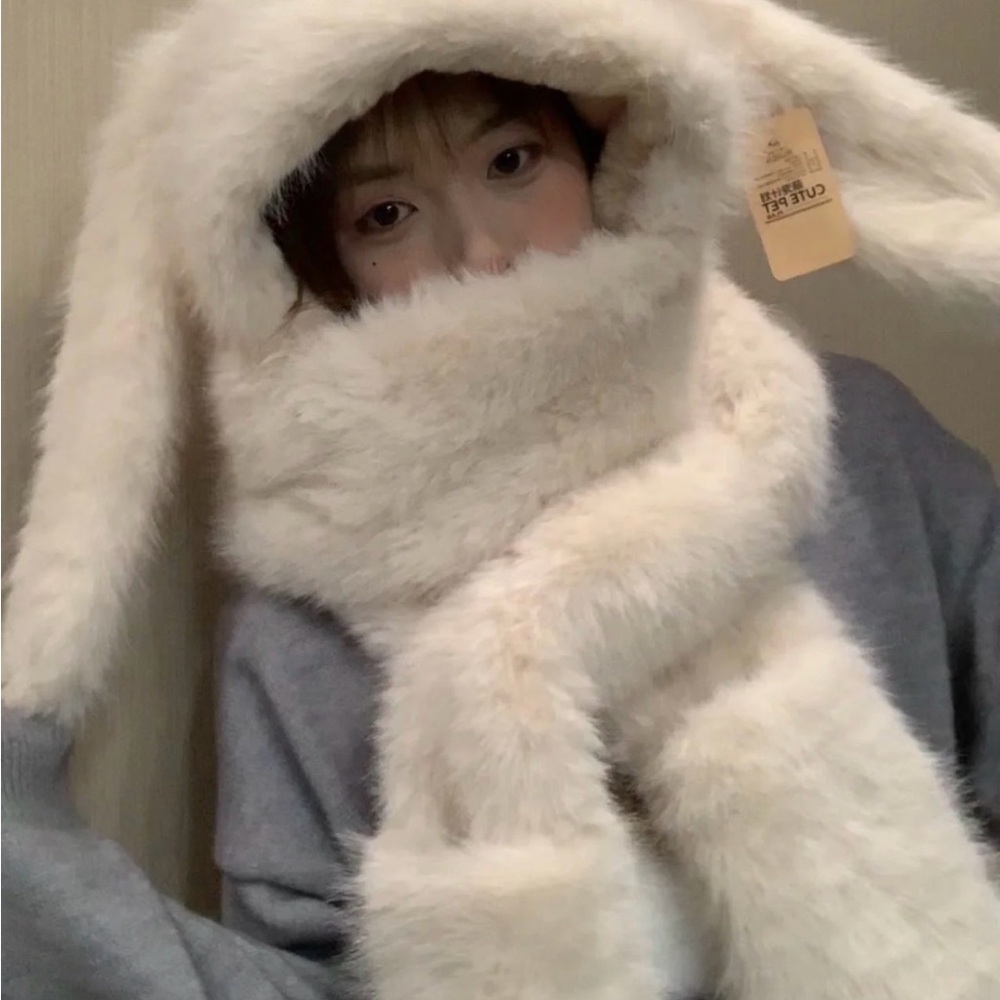 Cozy Cream Bunny Ear Scarf and Hat